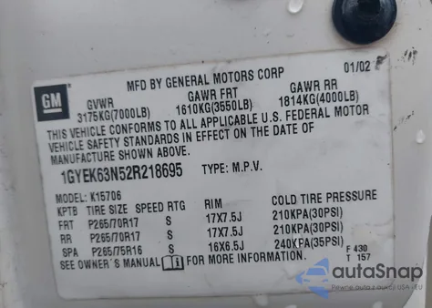 2002 Cadillac Escalade Standard z USA, uszkodzony, nr VIN 1GYEK63N52R218695